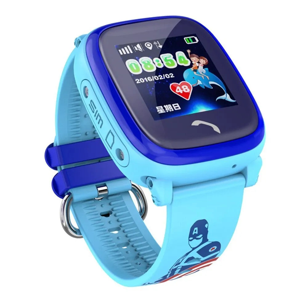 Blue DF25 children's waterproof smartwatch with touch screen displayed on wrist showing time and calling interface