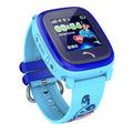 Blue DF25 children's waterproof smartwatch with touch screen displayed on wrist showing time and calling interface