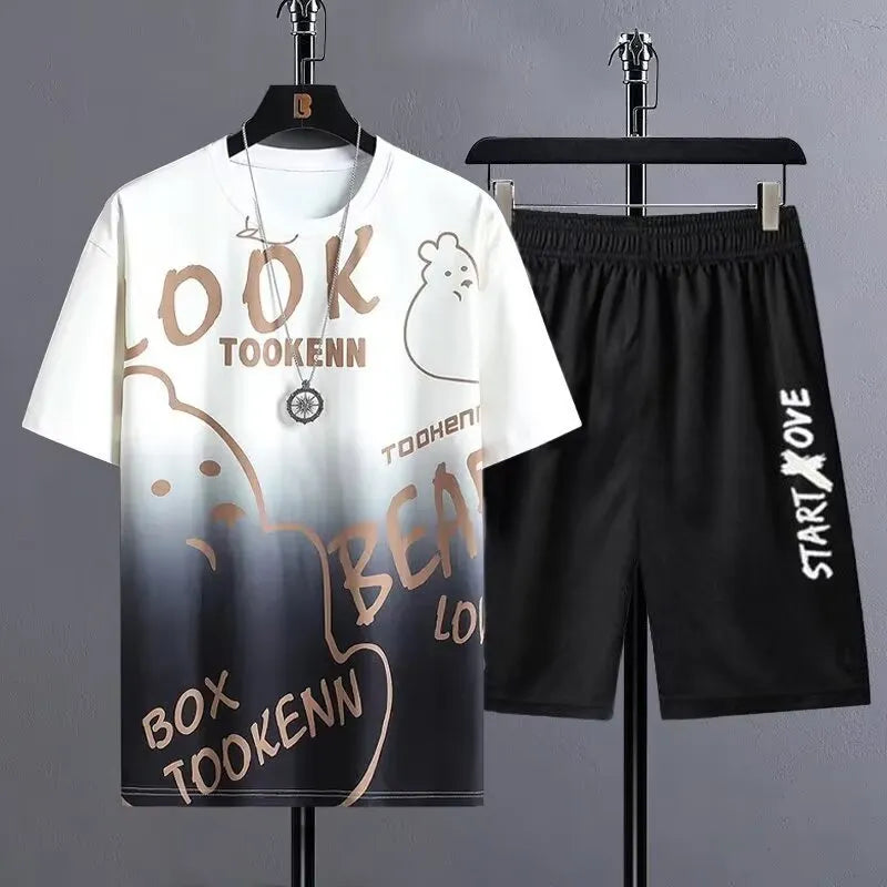 Men's thin polyester summer tracksuit set with short sleeve top and shorts in a casual colour.