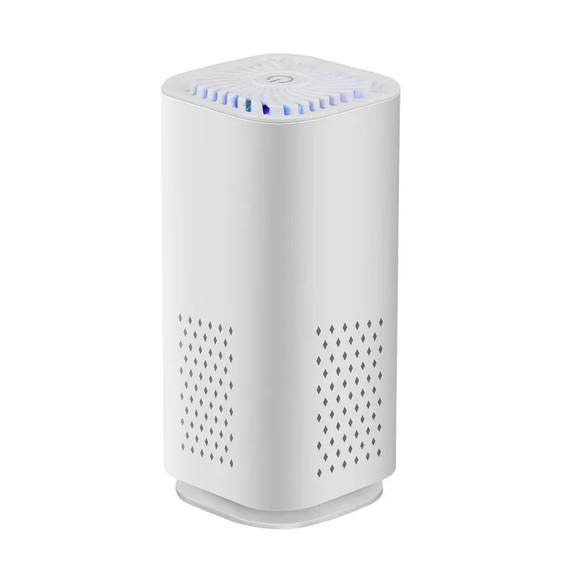 Mini USB car air purifier in black and white options for smoke and dust removal