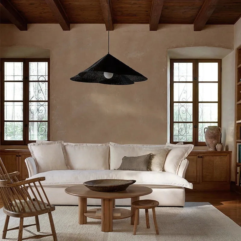 Natural rattan woven ceiling lamp with bamboo frame in Silent Wind style