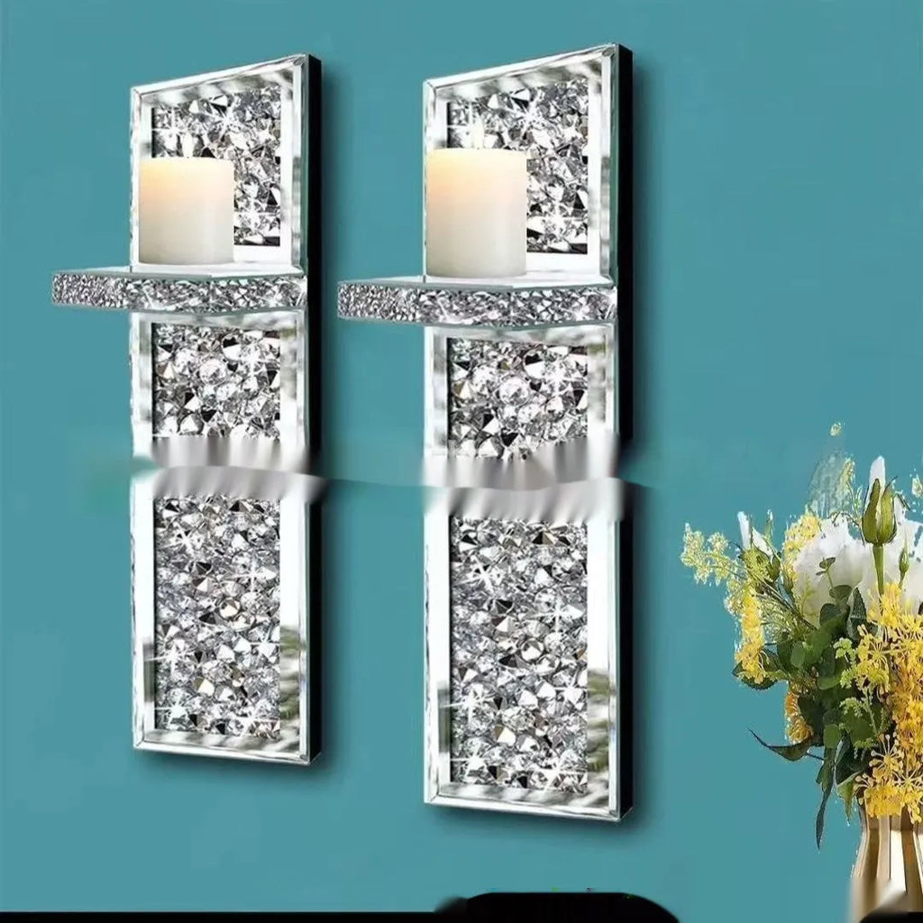 Pair of silver mirror glass wall candle holders in modern design