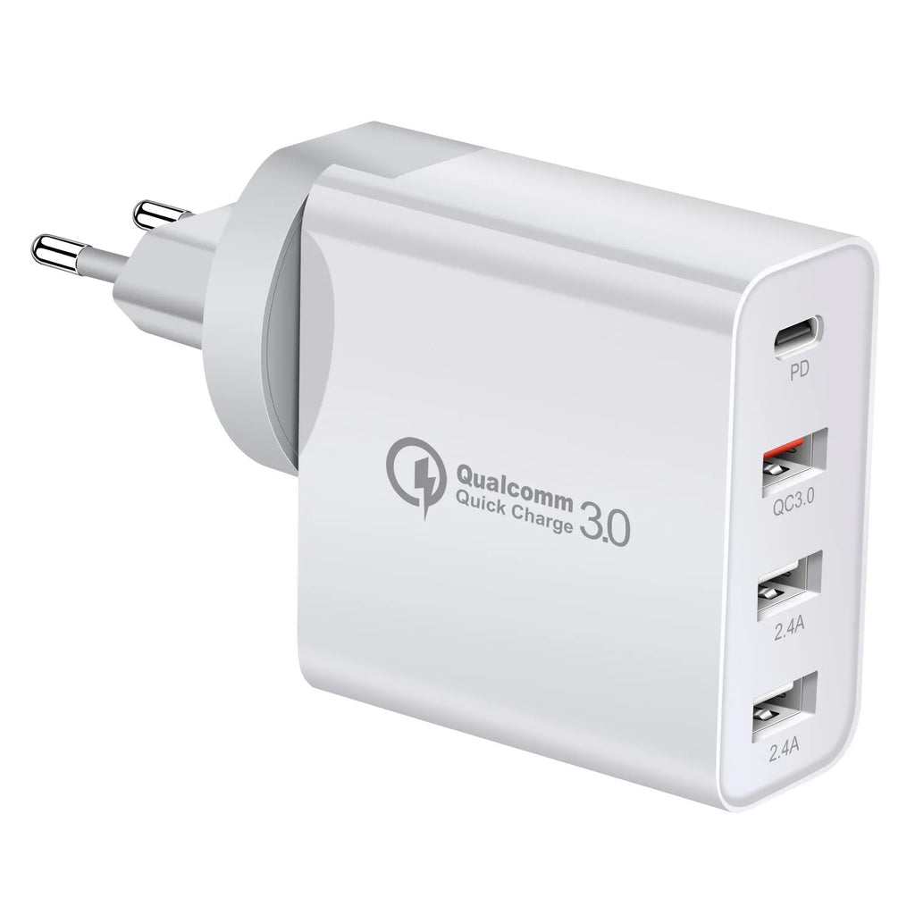 Black 48W four-port USB-C desktop charger with UK plug on a white background.