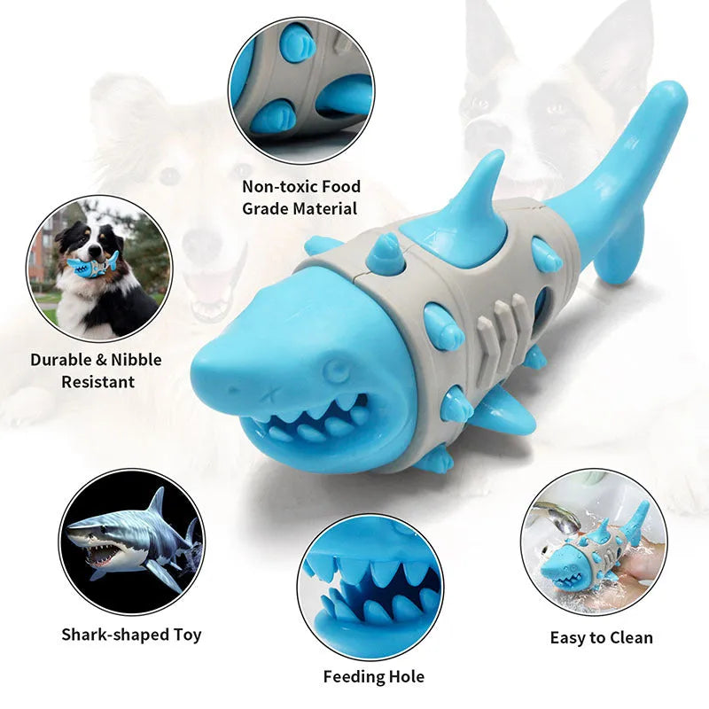 Blue shark-tooth textured dog chew toy for teething puppies on a white background.