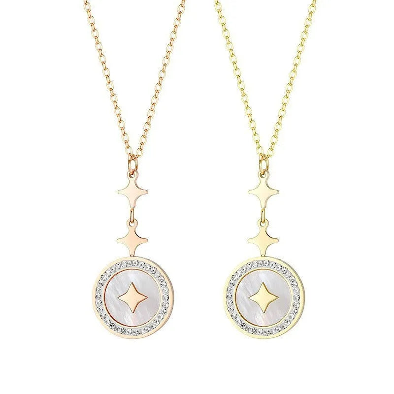 Geometric six-pointed star titanium steel necklace on a model, showing rose gold and gold colour options.