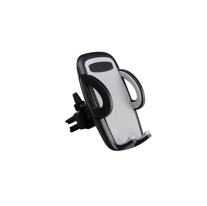 Black mobile phone holder clipped to car air conditioning vent with smartphone mounted