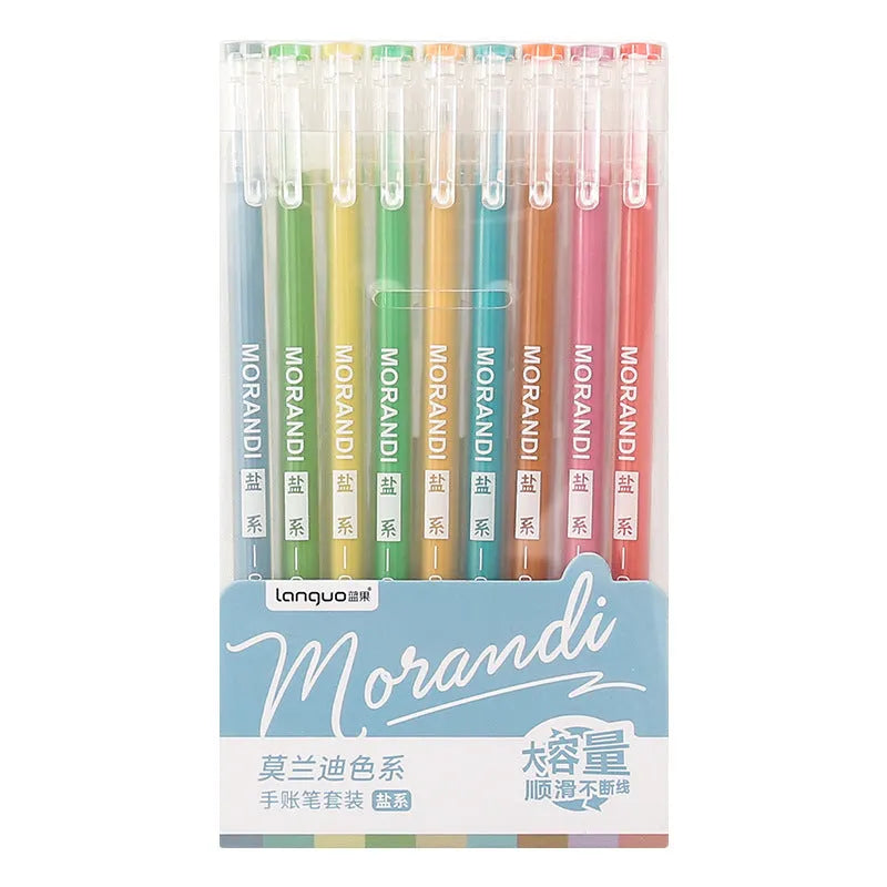 Set of nine retro-style solid-colour gel pens with 0.5mm needle tips for student notes.