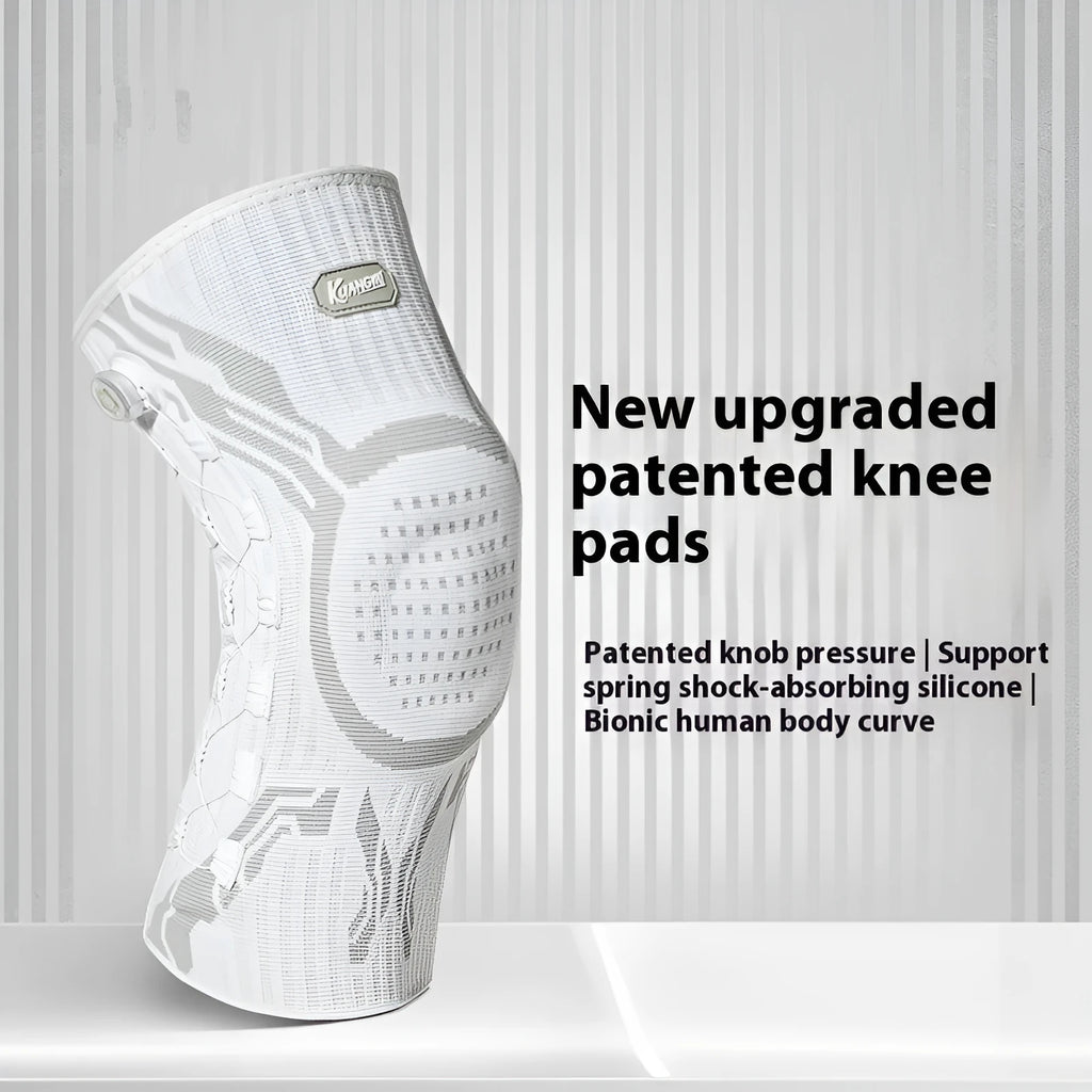 Grey and white sports knee pad with adjustable strap and silicone anti-slip strip for basketball and running.