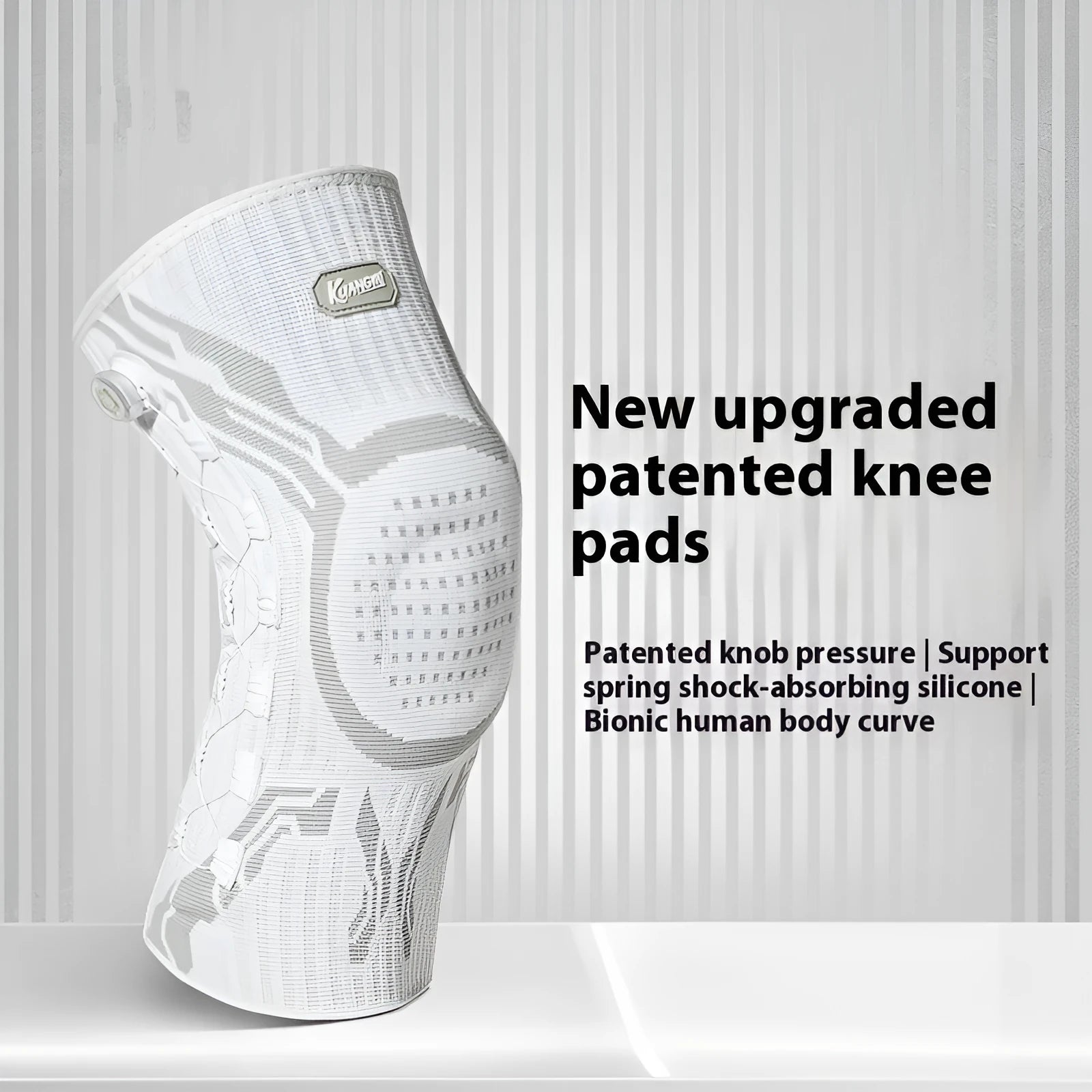 Grey and white sports knee pad with adjustable strap and silicone anti-slip strip for basketball and running.