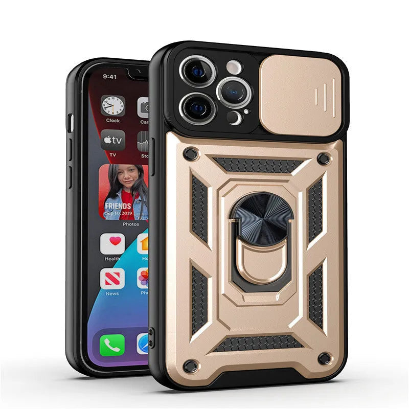 Sergeant sliding window magnetic bracket mobile phone case for iPhone in multiple solid colours.