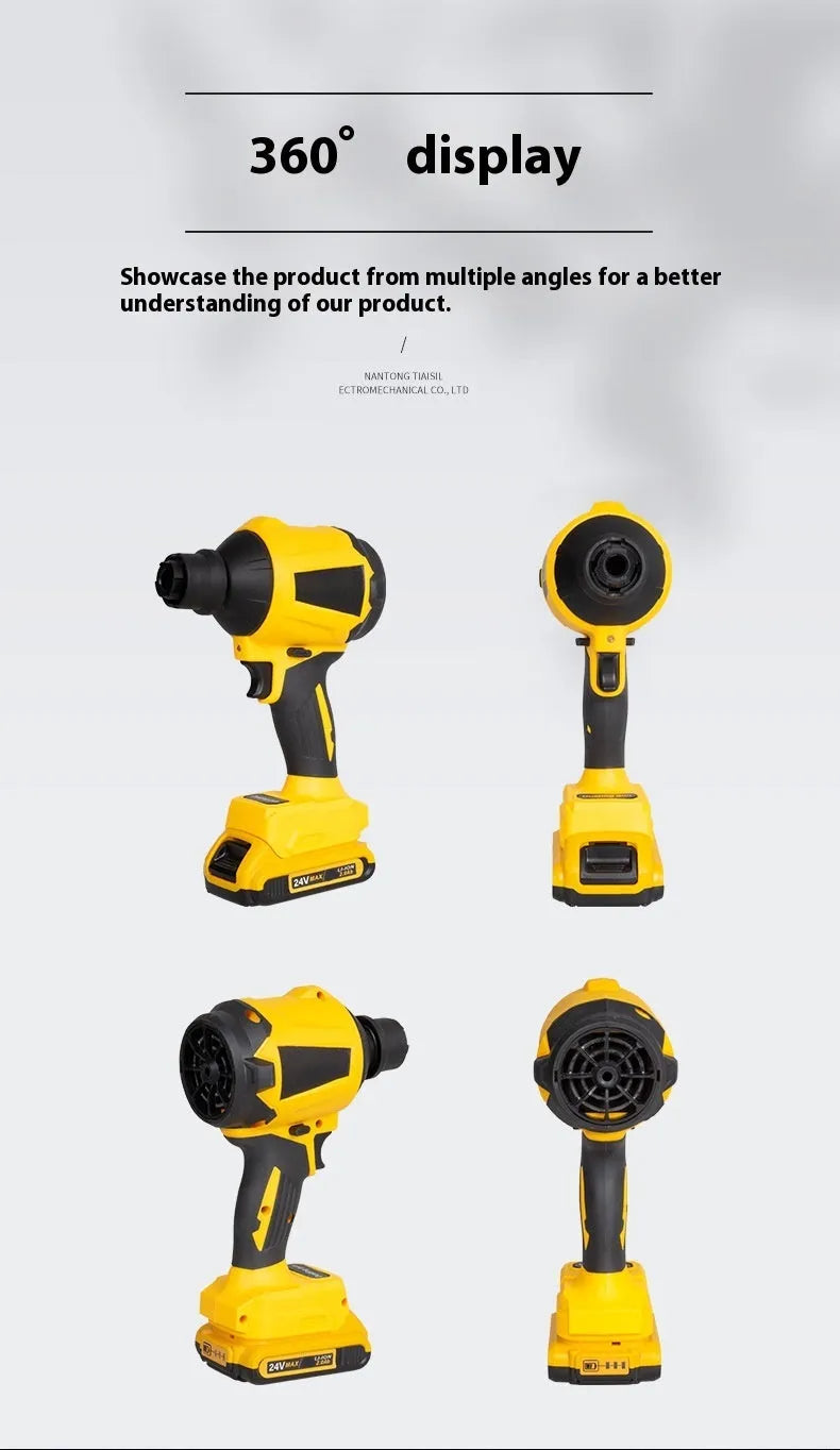 Yellow handheld battery-powered dust gun for workshop and household cleaning tasks