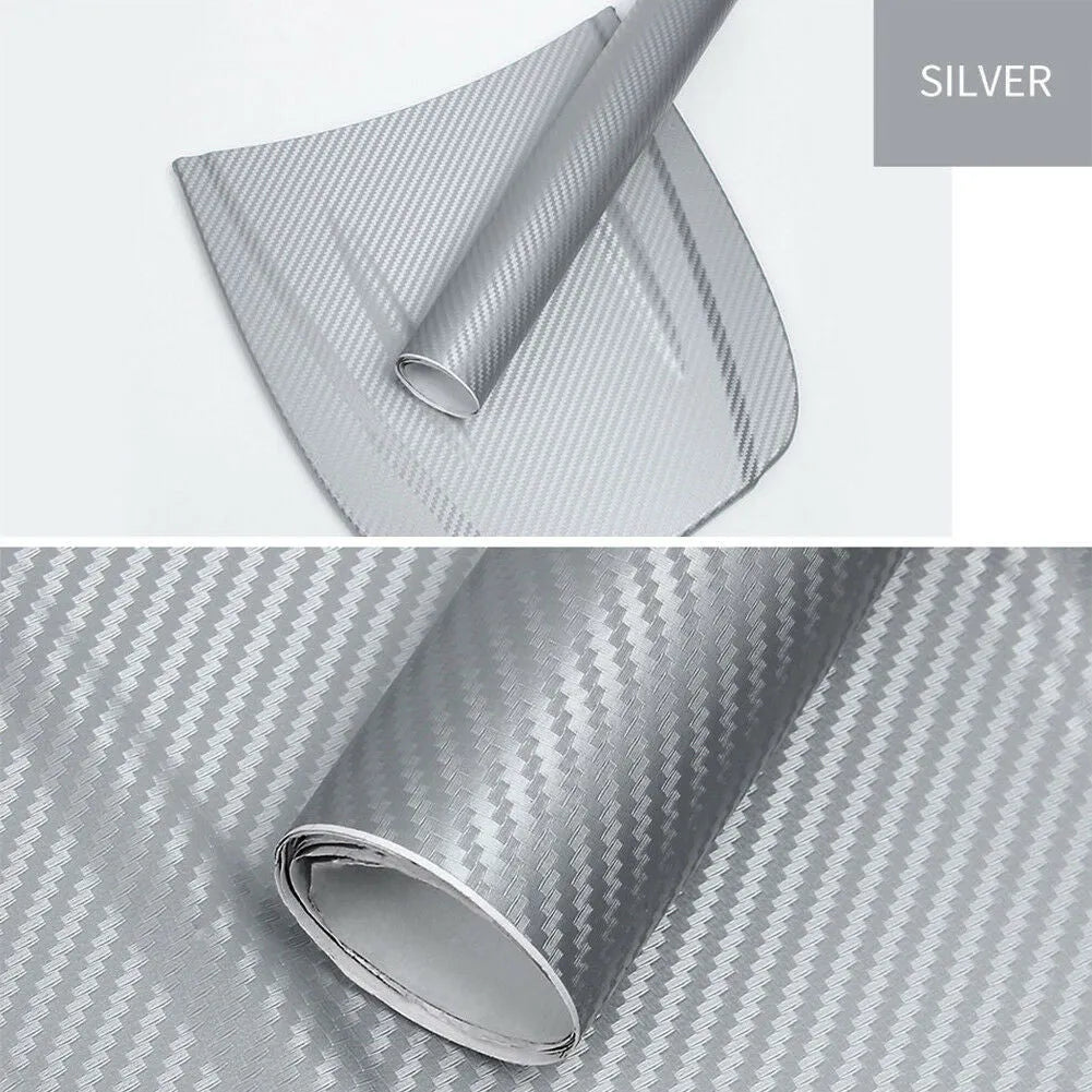 3D carbon fibre car stickers in eight colours including black, silver, blue on 30x127cm sheet