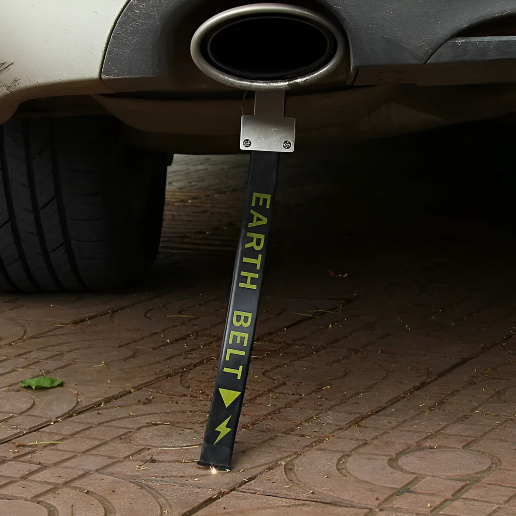 Black car electrostatic grounding belt with copper wire and rubber construction, 370mm long, shown detached.