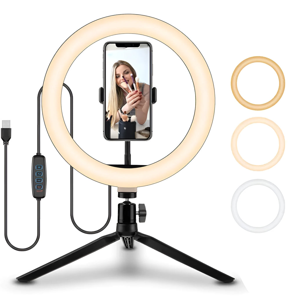 10-inch circular ring selfie light with adjustable metal bracket for smartphone photography
