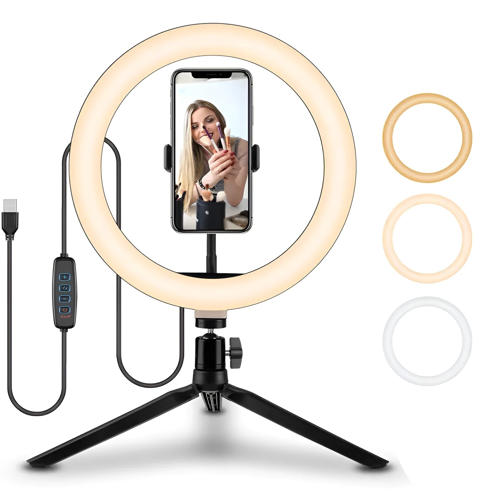 10-inch circular ring selfie light with adjustable metal bracket for smartphone photography