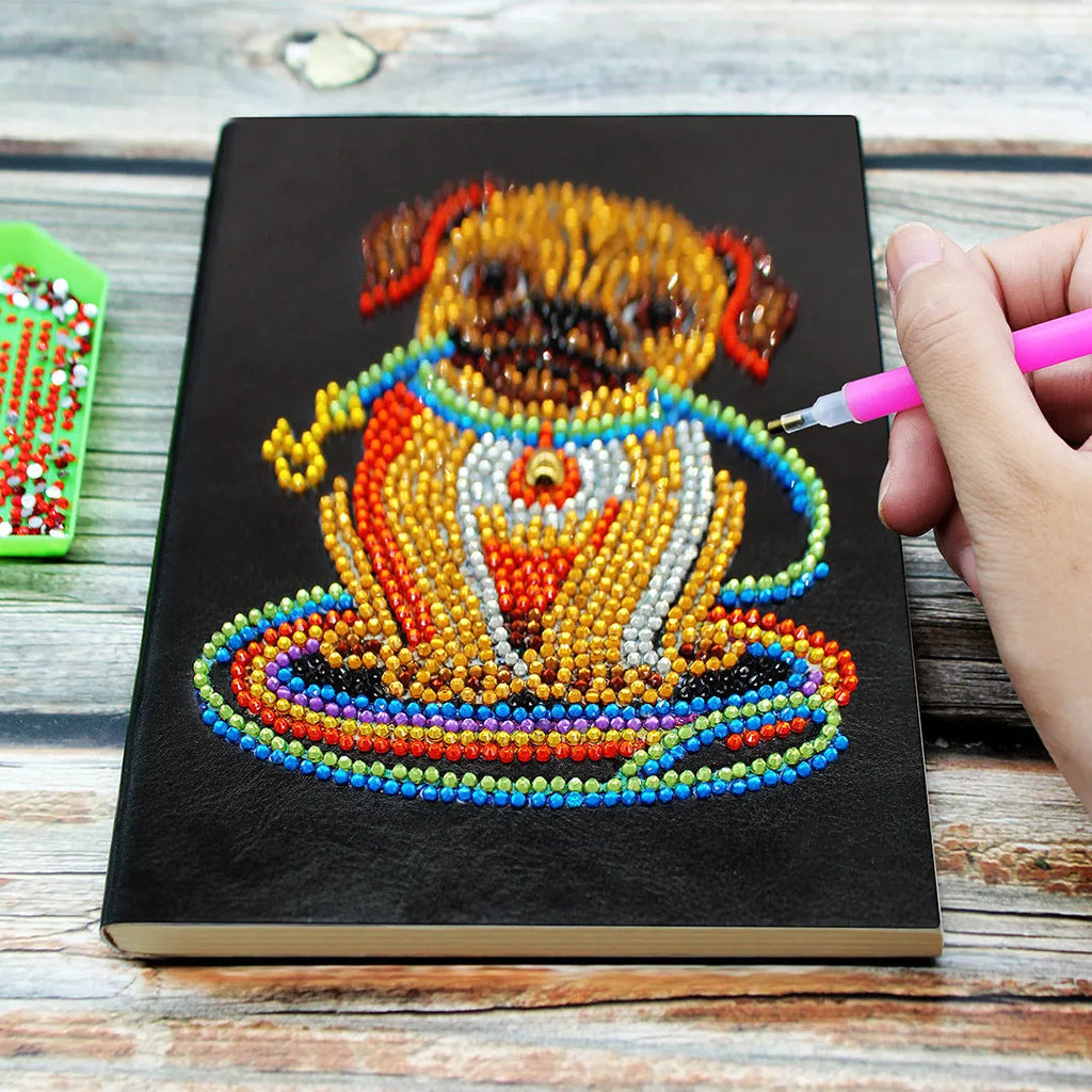 Black A5 DIY diamond painting notebook with blank pages, shown closed and open.