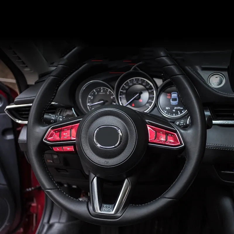 Aluminium alloy decorative stickers for steering wheel buttons in brushed red silver and blue finishes