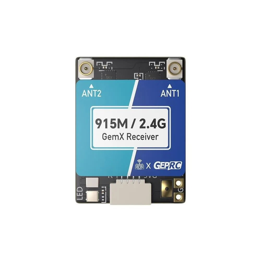 ELRS 915MHz/2.4GHz dual-frequency FPV drone receiver module with T-shaped antennas and metal housing