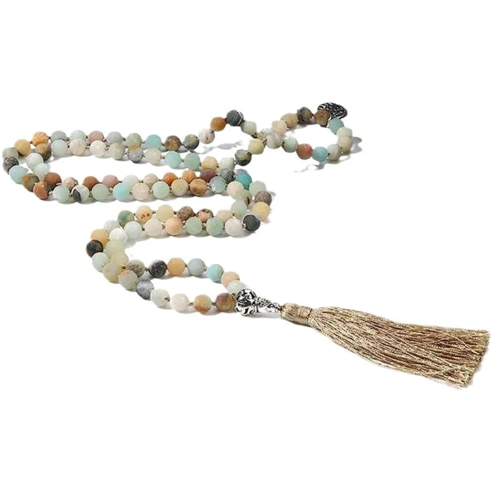 Handmade stone beaded necklace with 108 knotted 8mm beads in various natural colours on a 81cm strand