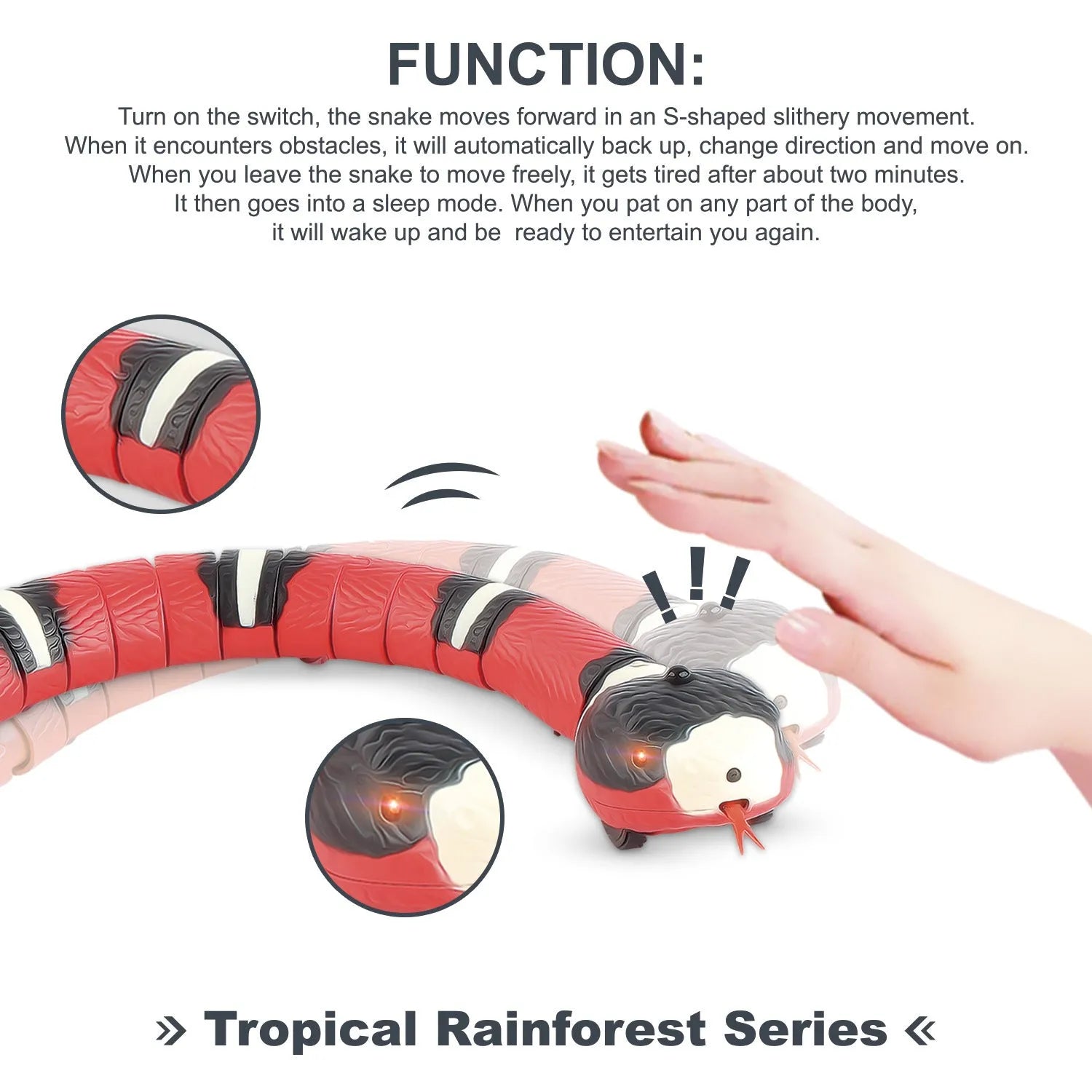 USB rechargeable automatic electronic snake cat toy with segmented plastic body on a floor.