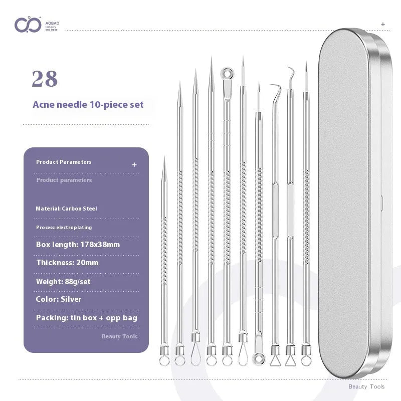 Four silver metal acne needles with ultra-fine pointed tips for skincare treatment.