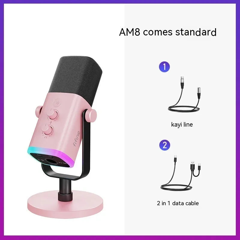 Dynamic cardioid microphone in black with USB-C cable, XLR cable, and adjustable desktop stand