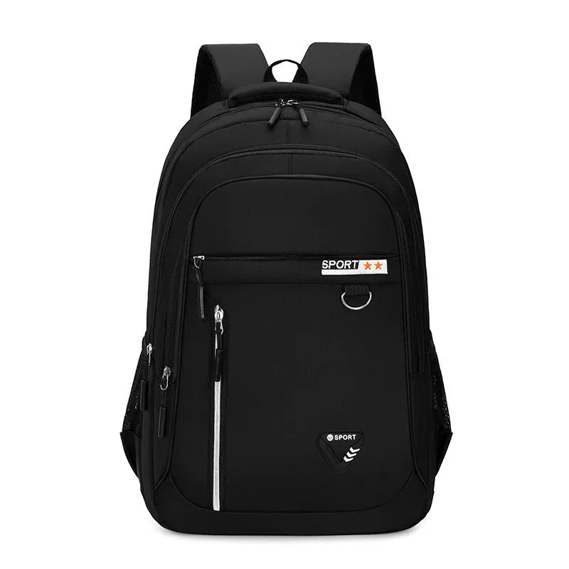 Men's Oxford cloth schoolbag with letter pattern in four colour options showing large capacity design