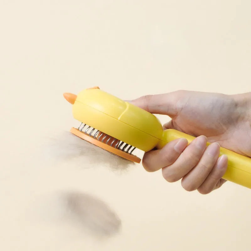 Self-cleaning pet grooming brush with stainless steel bristles in purple, white, or yellow