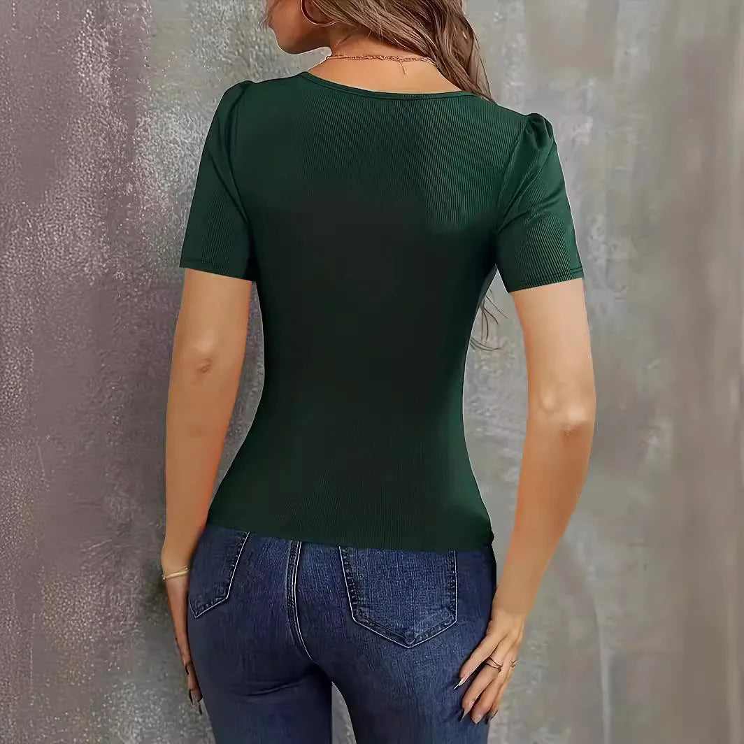Women's wine red polyester knitted short sleeve top with low neckline and slim fit silhouette