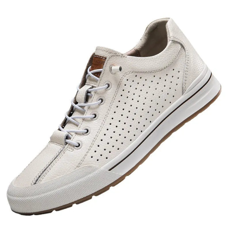 Men's white matte leather flat heel trainers with a round toe, shown in hollow-out, four seasons and velvet-lined options.