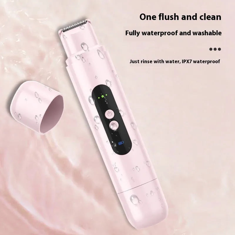 White or pink portable electric depilator with floating blade shaver head on a plain background.