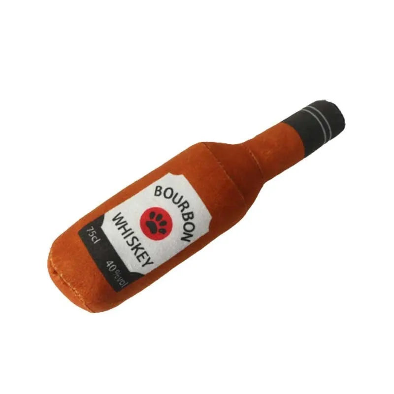 Plush wine bottle shaped pet toy for dogs and cats in assorted colours.