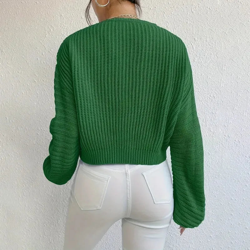 Women's solid colour long sleeve pullover in a loose casual style, shown in one of five available colours.