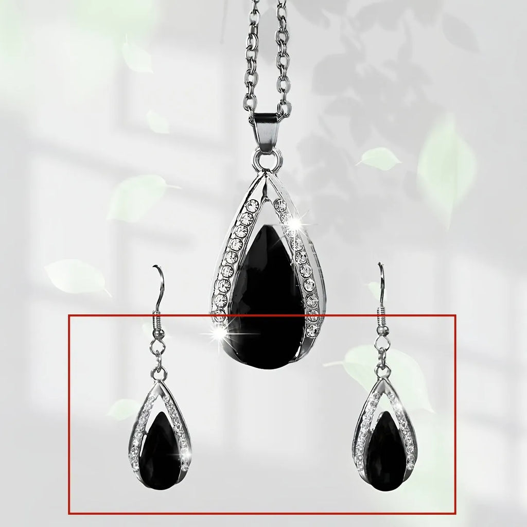 Black and red teardrop glass pendant necklace and matching earrings set
