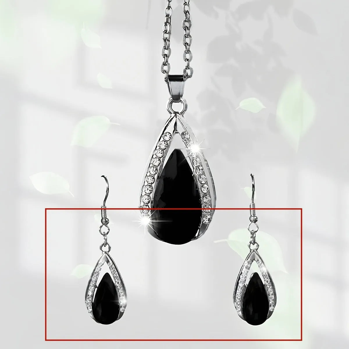 Black and red teardrop glass pendant necklace and matching earrings set
