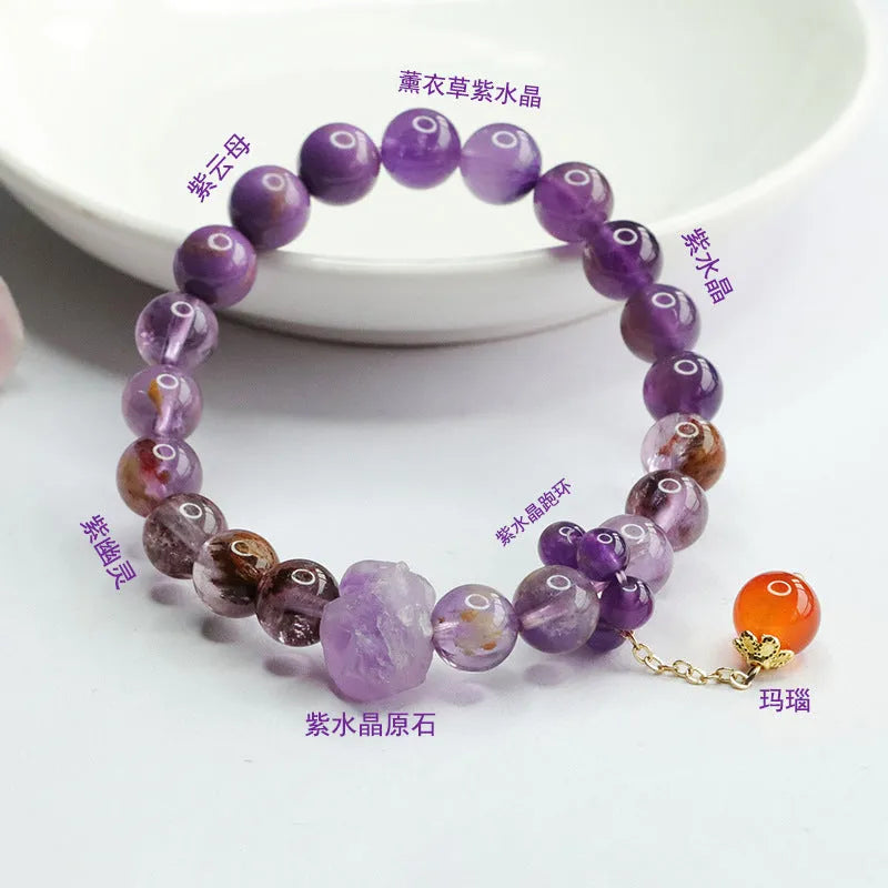 Natural nine purple crystal bracelet with amethyst beads and red agate stones in Mori style design