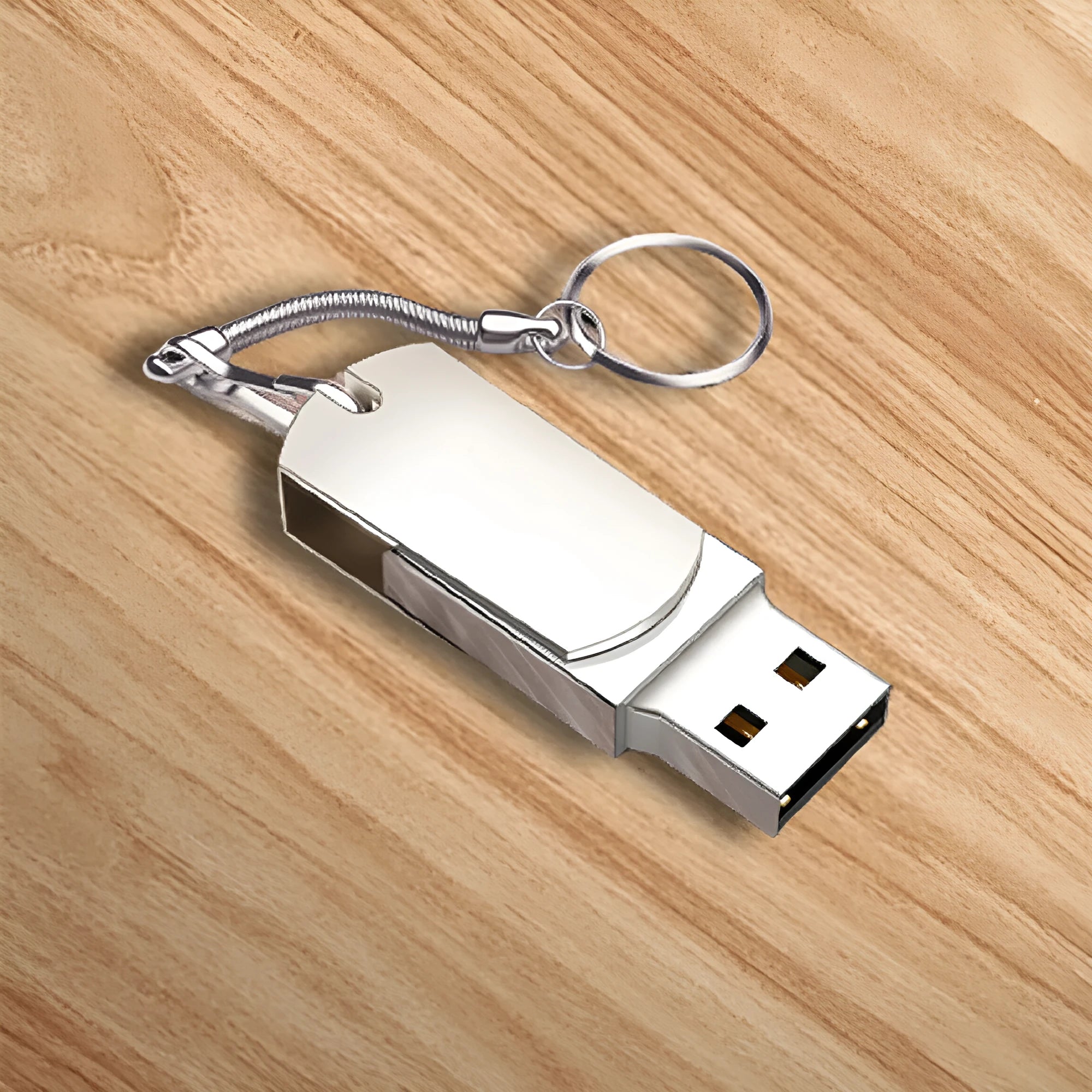 Small white metal rotating USB flash drive showing 34mm diameter size