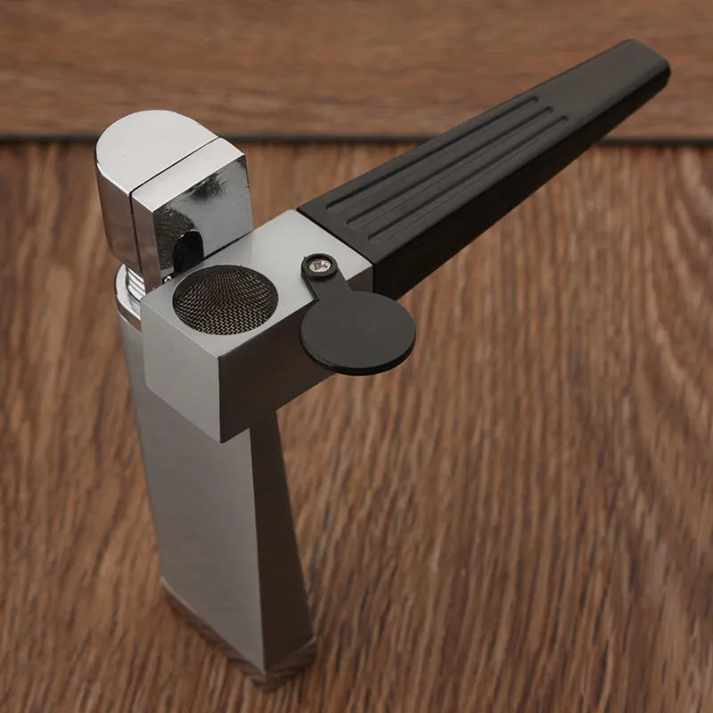 Foldable metal pipe lighter showing zinc alloy construction and refillable butane mechanism
