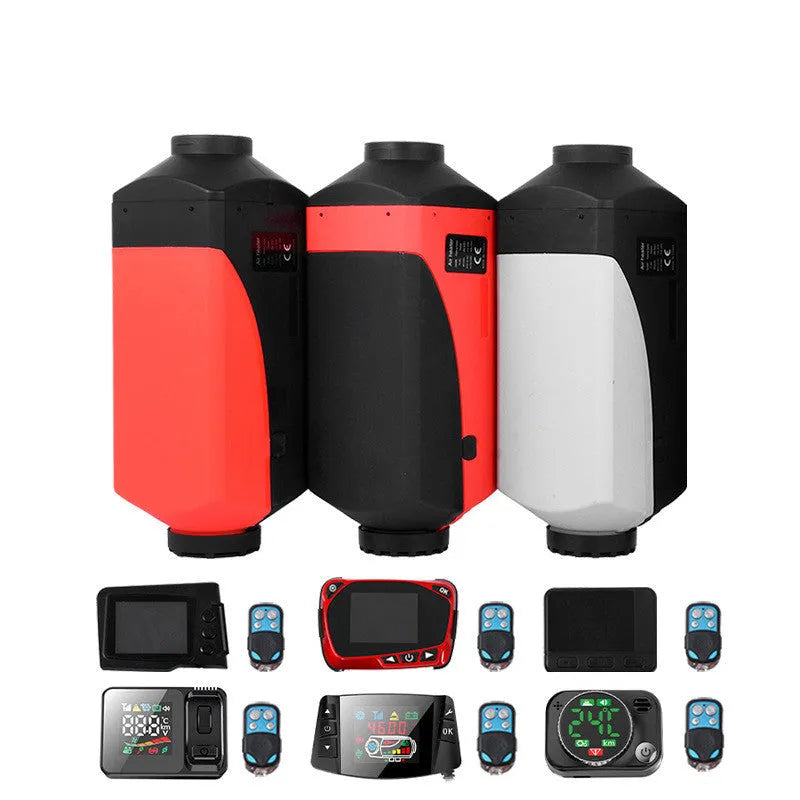 Red and black diesel air heater unit with fuel tank, pump, and installation kit for trucks and vans.