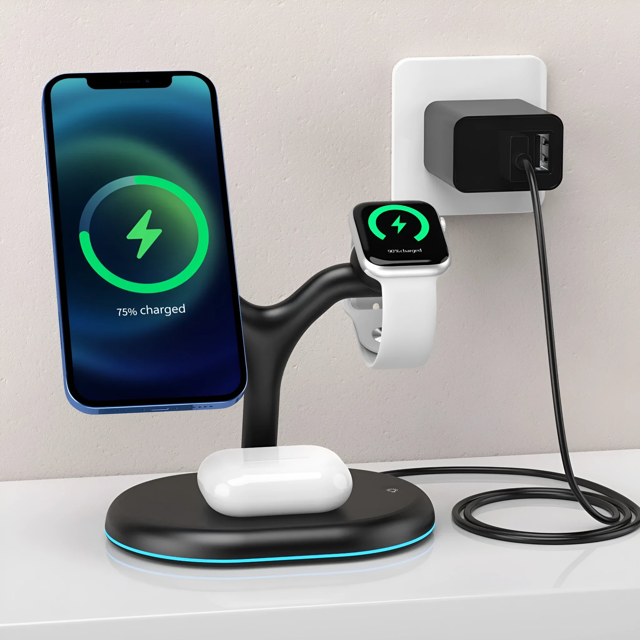 Black minimalist magnetic wireless charger for iPhone MagSafe on a table.