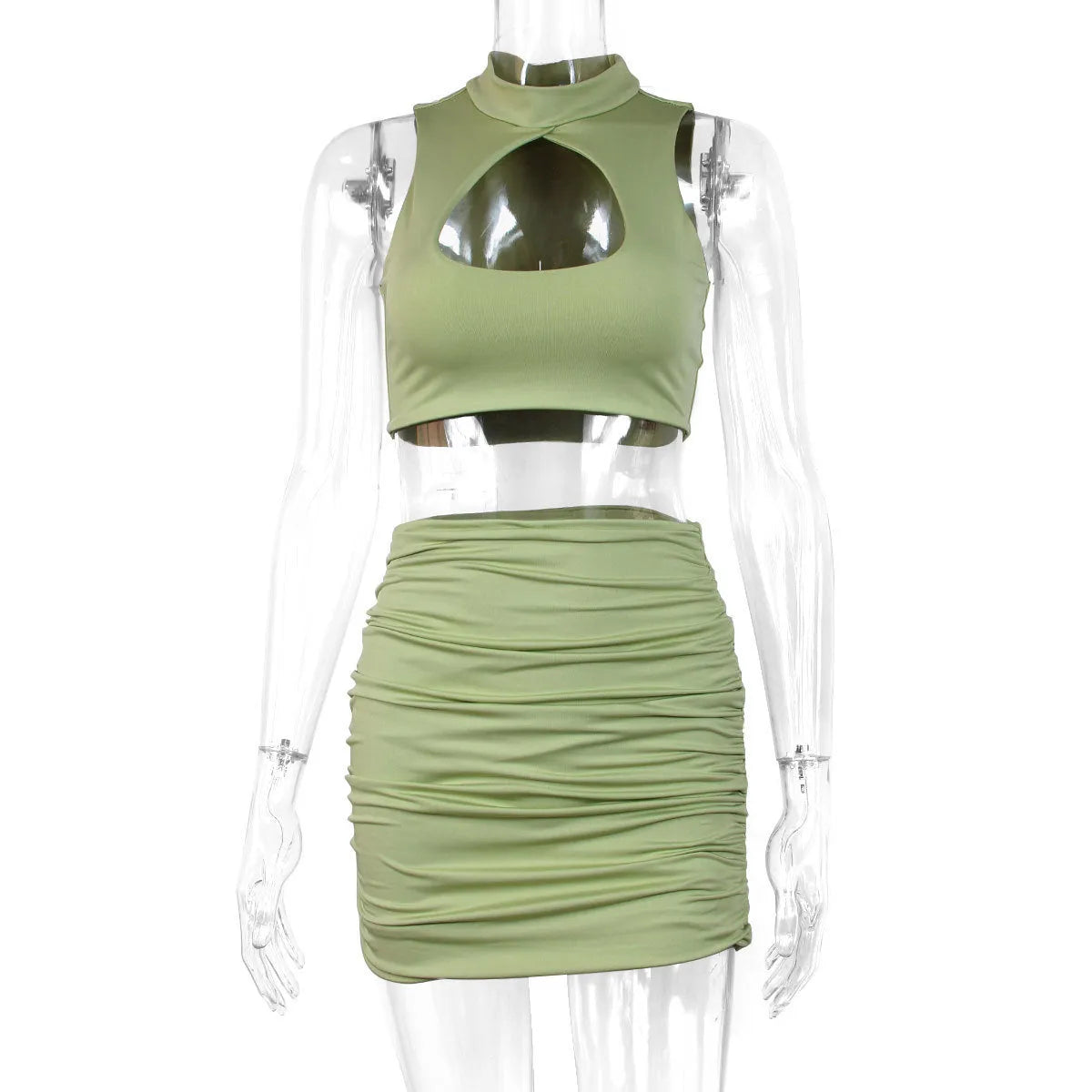 Light purple two-piece skirt set with hollow vest top and matching skirt for commuting wear