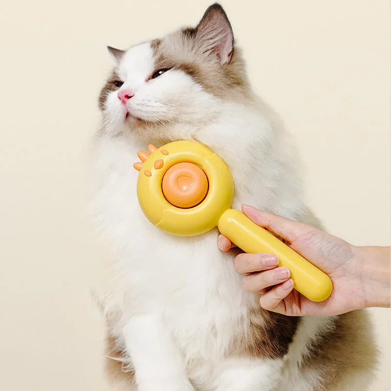 Self-cleaning pet grooming brush with stainless steel bristles in purple, white, or yellow