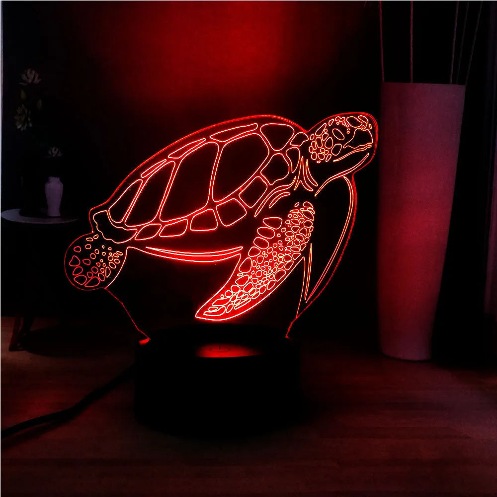 3D acrylic turtle-shaped LED night light showing multiple colour options and detailed sculpting