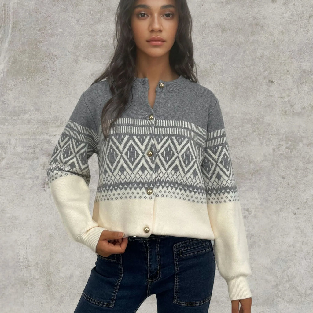 Women's red alpaca wool cardigan with diamond knit pattern and long sleeves