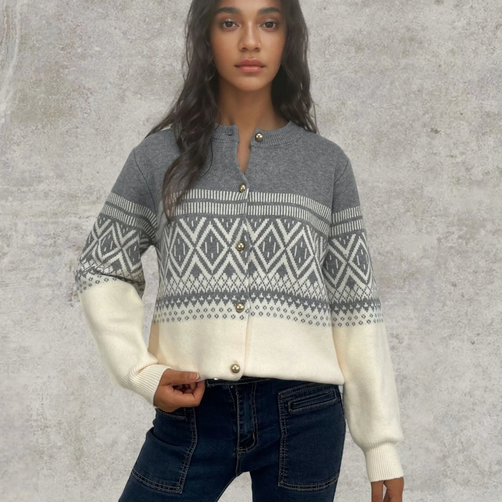 Women's red alpaca wool cardigan with diamond knit pattern and long sleeves
