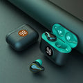 Black and blue in-ear Bluetooth wireless stereo headsets with earplug design.