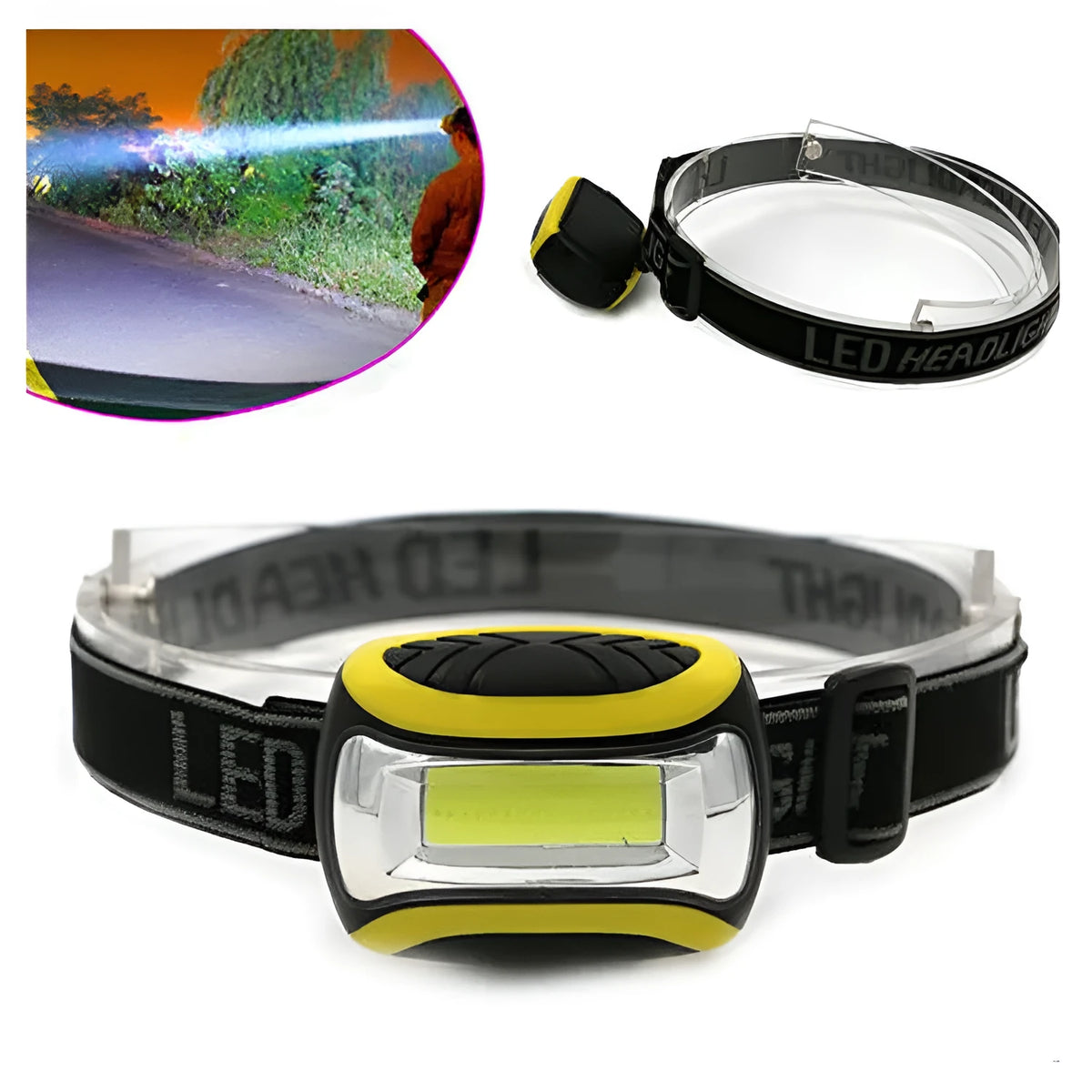 Yellow three-speed COB headlamp with elastic head strap shown from the front.
