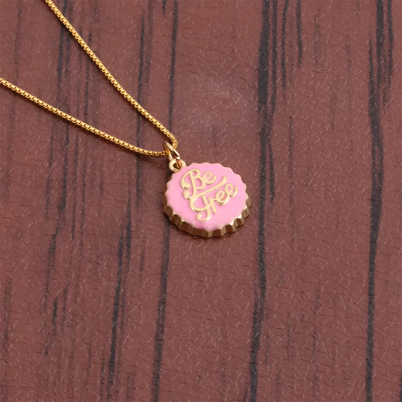 Copper bottle cap pendant necklace with 18K gold plating on 40cm box chain