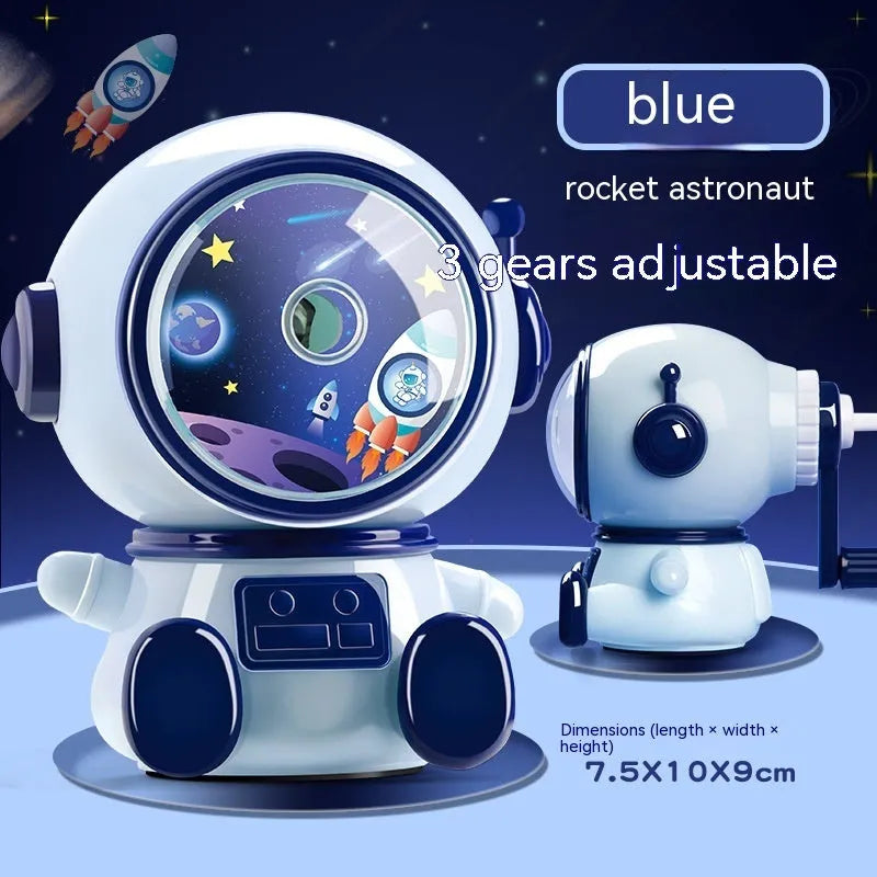 Cartoon astronaut manual pencil sharpener in blue or pink with adjustable blades