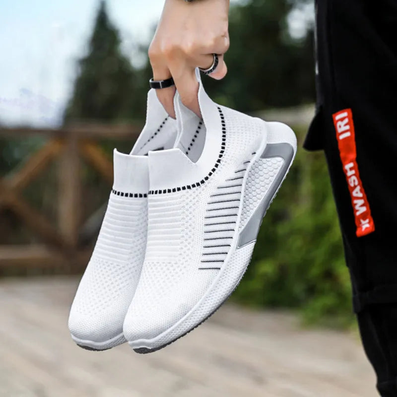 Men's mesh sock shoes with striped design, Flyknit upper, and lace-up front in black colour